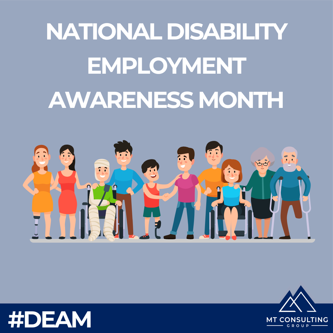 People with visible and invisible disabilities stand in a row holding hands with the words national disability employment awareness month behind them