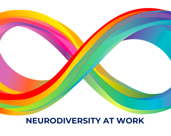 The rainbow coloured neurodiversity flag on a white background with blue text that reads neurodiversity at work