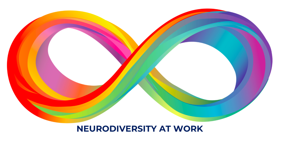 The rainbow coloured neurodiversity flag on a white background with blue text that reads neurodiversity at work