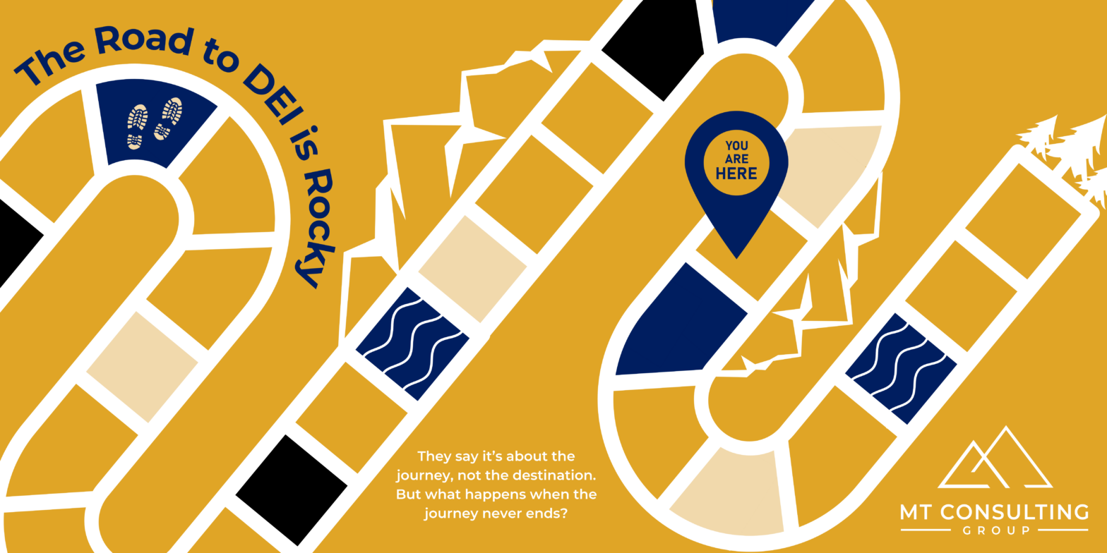 A blue and yellow game board with the text the Road to DEI is Rocky