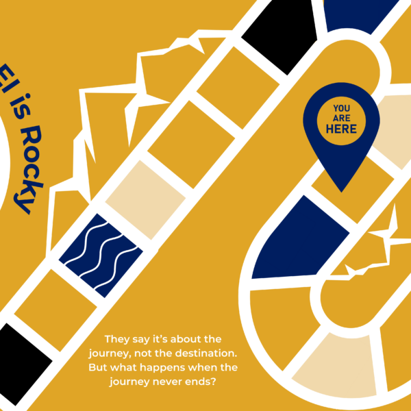 A blue and yellow game board with the text the Road to DEI is Rocky