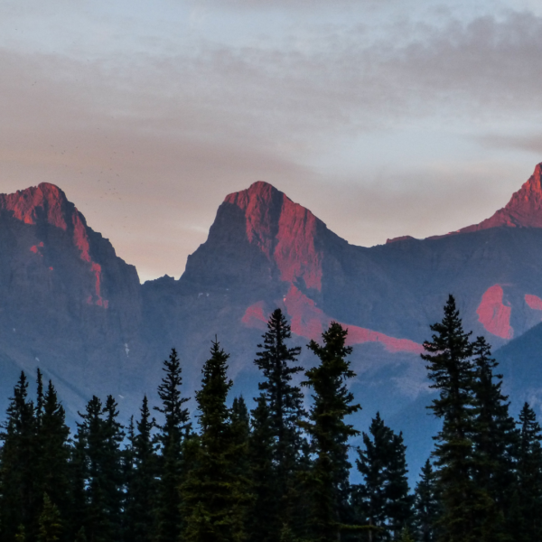 The three sisters peaks in the colonized area of Turtle Island called Canadian Rocky Mountains set as a backdrop to a blog post on National Indigenous History Month.