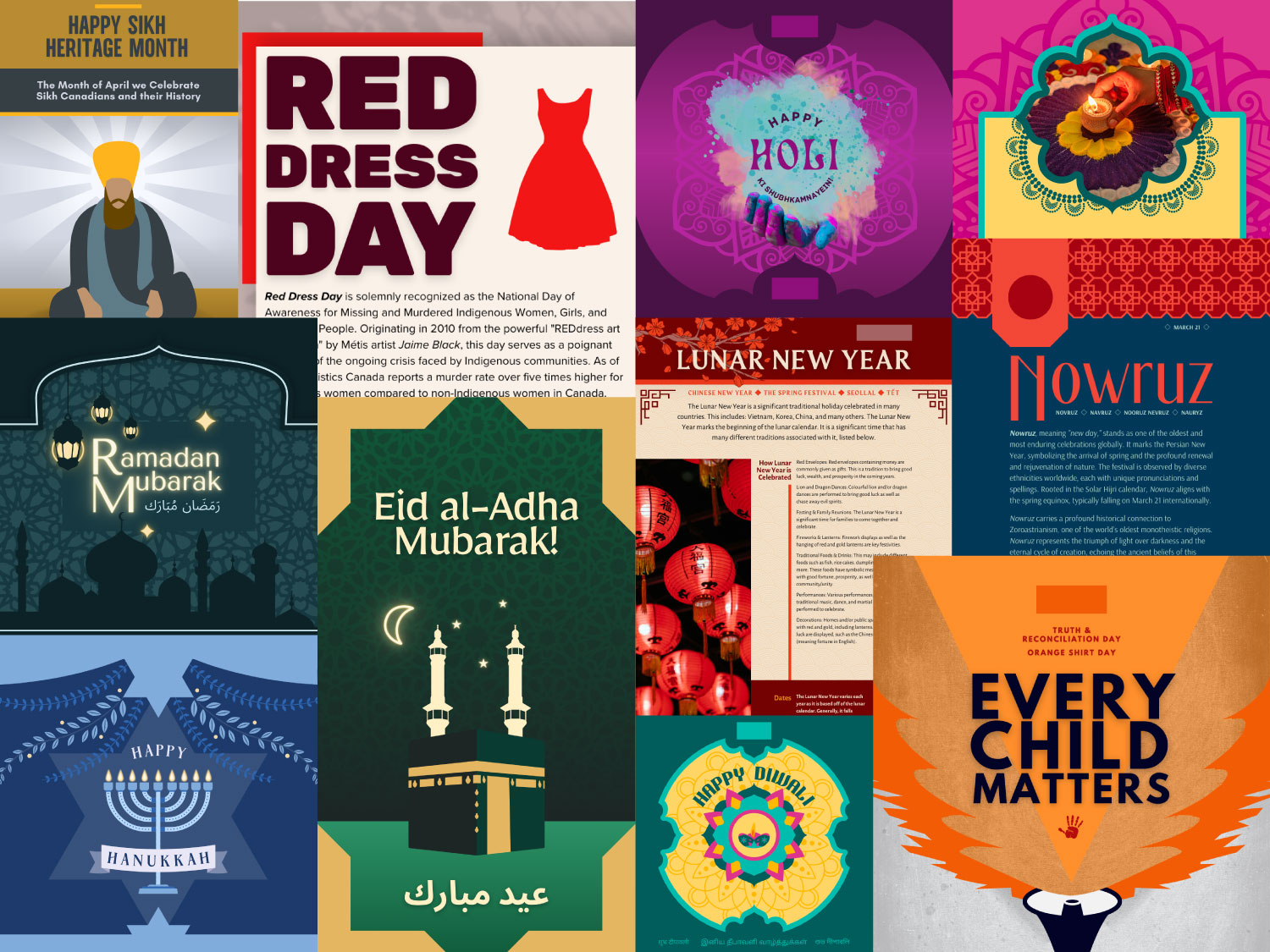 A bright and colourful poster highlights dates from the diversity calendar including Nowruz, Lunar New Year, Orange Shirt Day, Diwali, Red Dress Day, Sikh Heritage Month, Ramadan and Hanukkah.