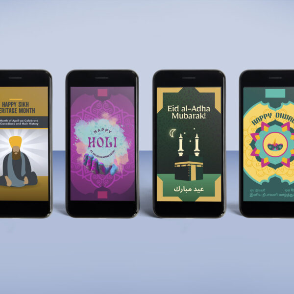 Four mobile phones are lined up in a row against a blue background. Each phone screen features a colour celebratory image, honouring diversity calendar dates: Sikh Heritage Month, Holi, Eid and Diwali.