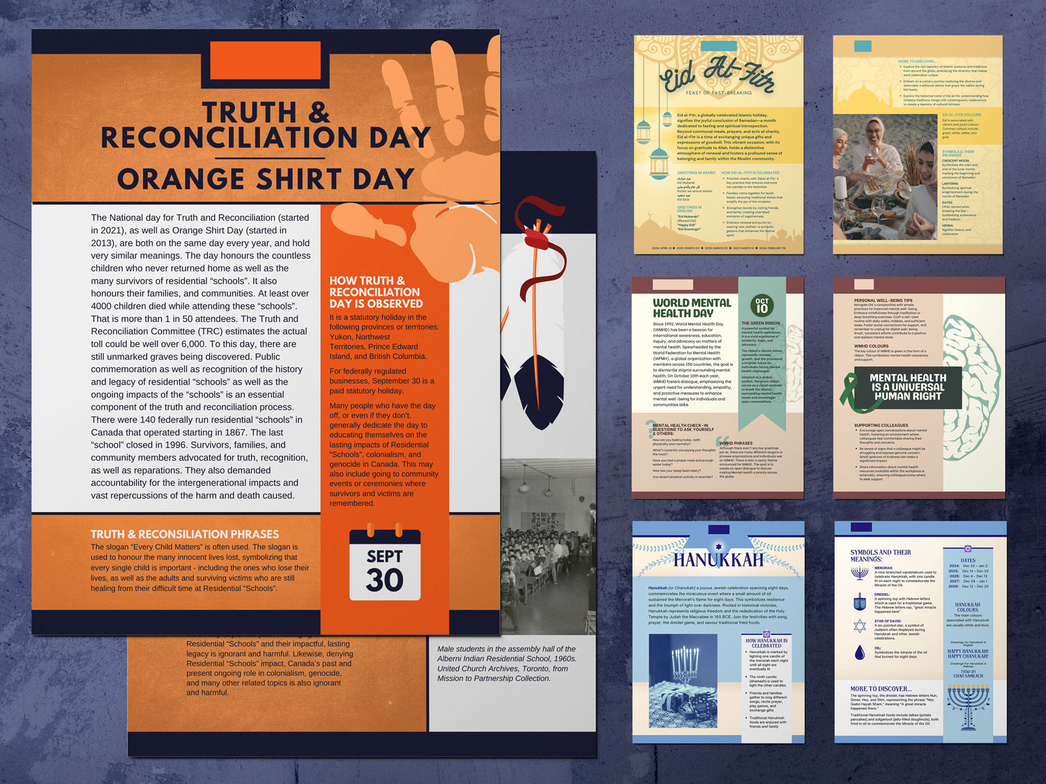Colourful poster fact sheets celebrating significant dates on the diversity calendar are displayed against a blue background. Includes: Orange Shirt Day, Eid, World Mental health Day and Hanukkah
