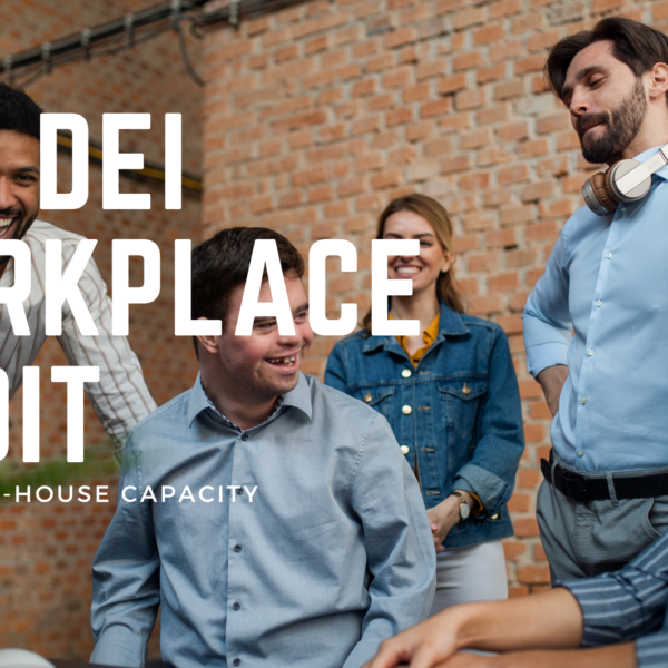 A group of colleagues from diverse backgrounds stand against a red brick wall. Text in foreground reads Achieve Workplace Inclusion through the DEI Audit