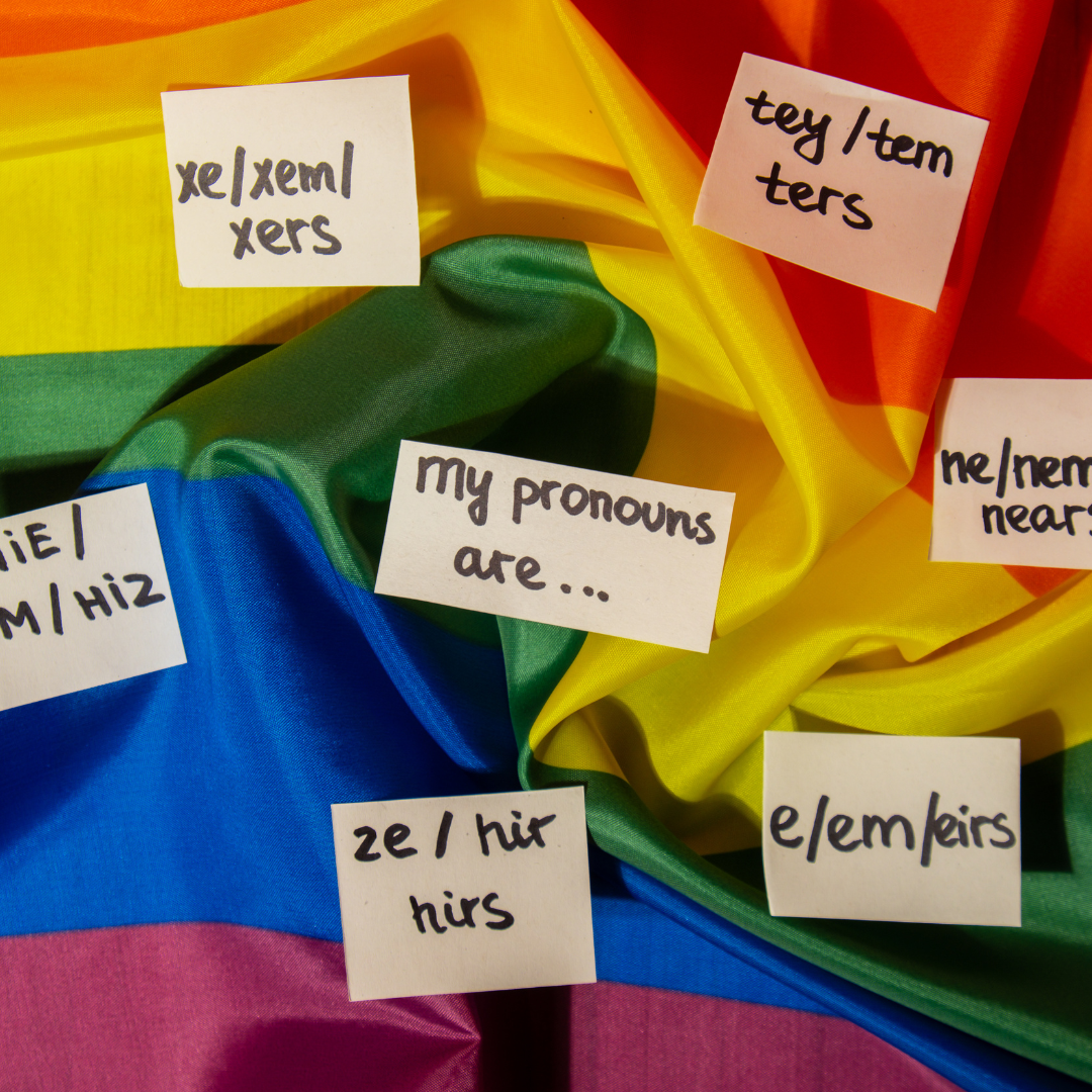 Pride flag in the background with sticky notes featuring personal pronouns representing LGBT allyship