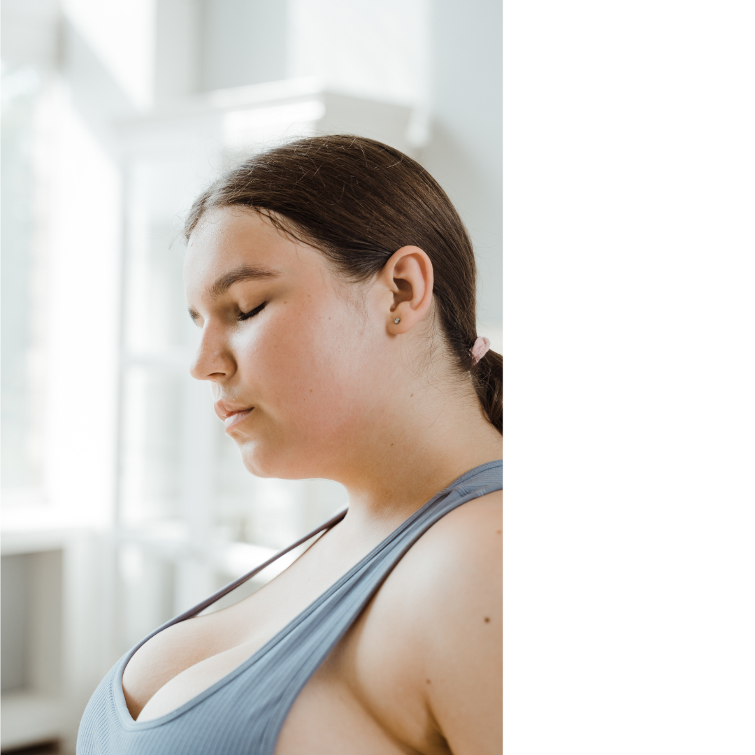 A plus-size woman dressed in workout clothes. Announcement for a blog post on inclusive wellness and the intersection of mental health and size inclusivity