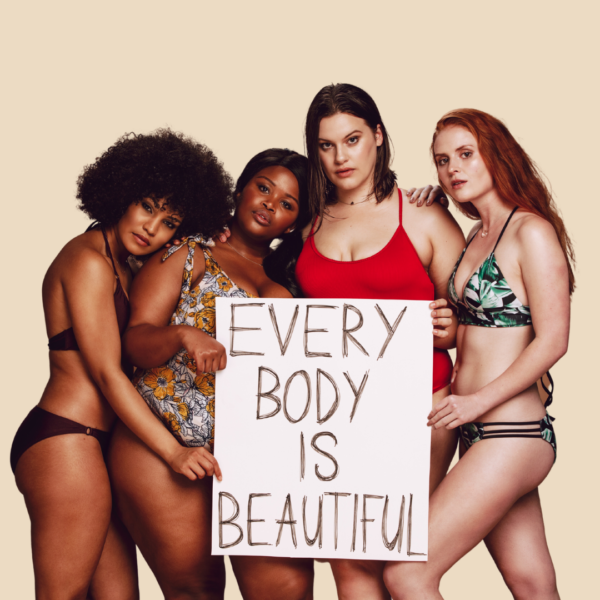 Four women of diverse backgrounds and body sizes hold a sign that reads Every Body is Beautiful, advertising a blog post about addressing body image concerns in your spa business plan as part of inclusive wellness